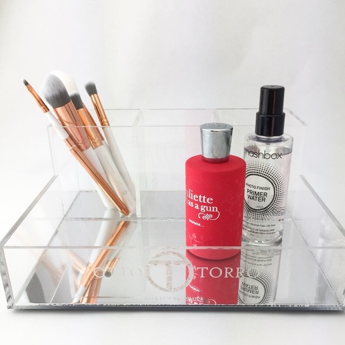 Vanity Tray with brush holders - Silver Mirror Base